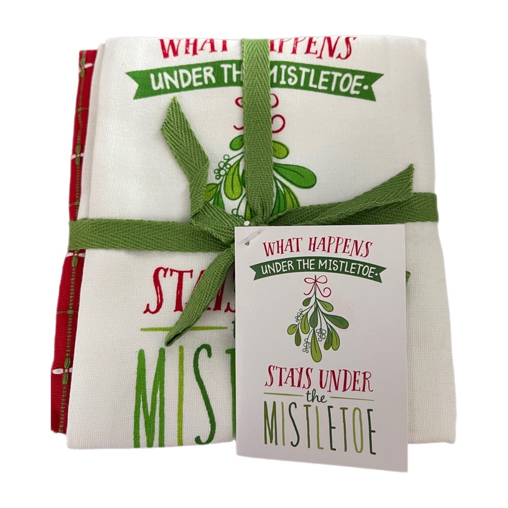 Holiday Dish Towel Set by DII - Funny Mistletoe Quote - Red & Green 100 % Cotton